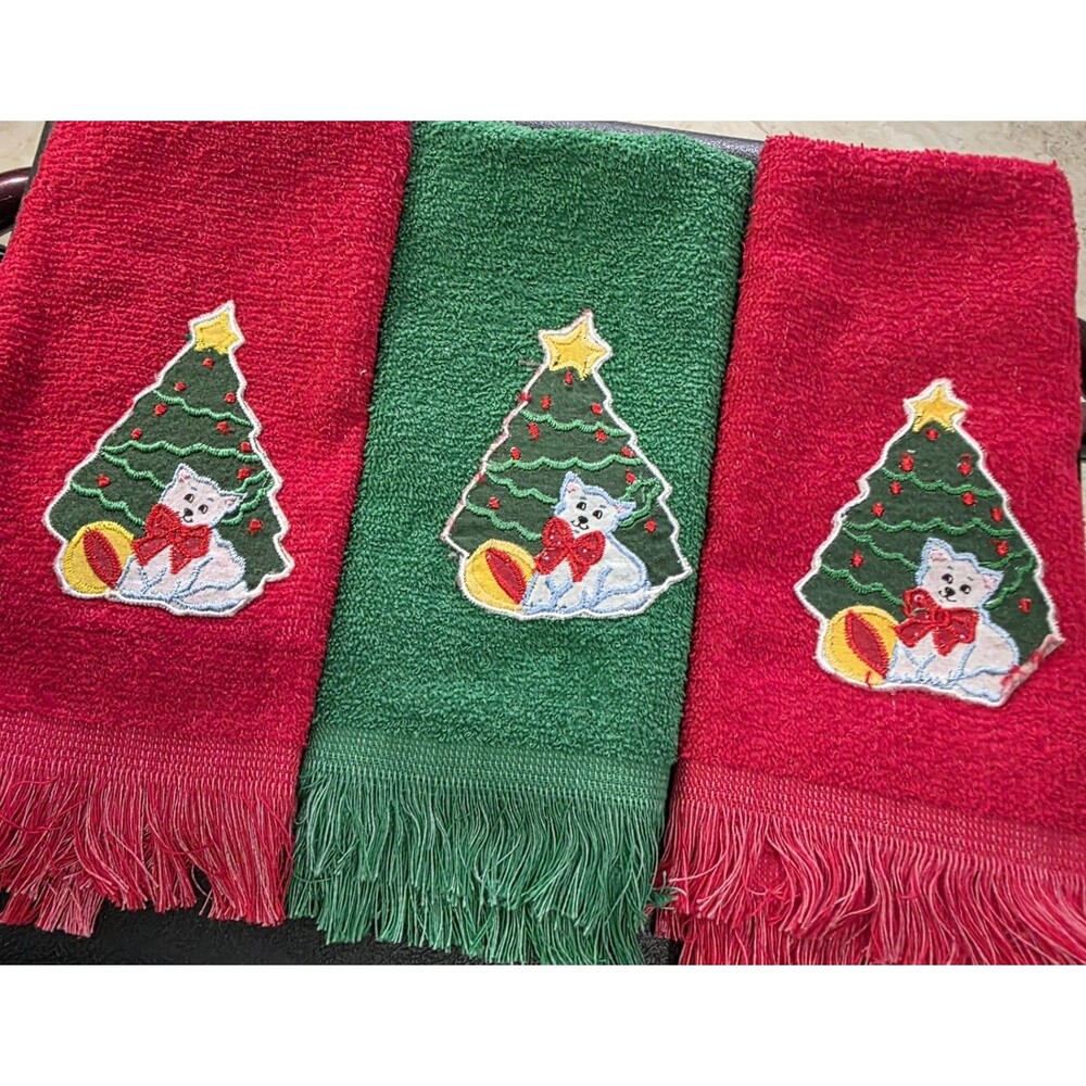 3 VTG Cat Christmas Embroidered Finger Tip Fringed Towels Red Green  Made In USA